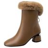Autumn and winter new retro thick heel Martin boots women's hairy mouth warm fashion boots medium plush boots women
