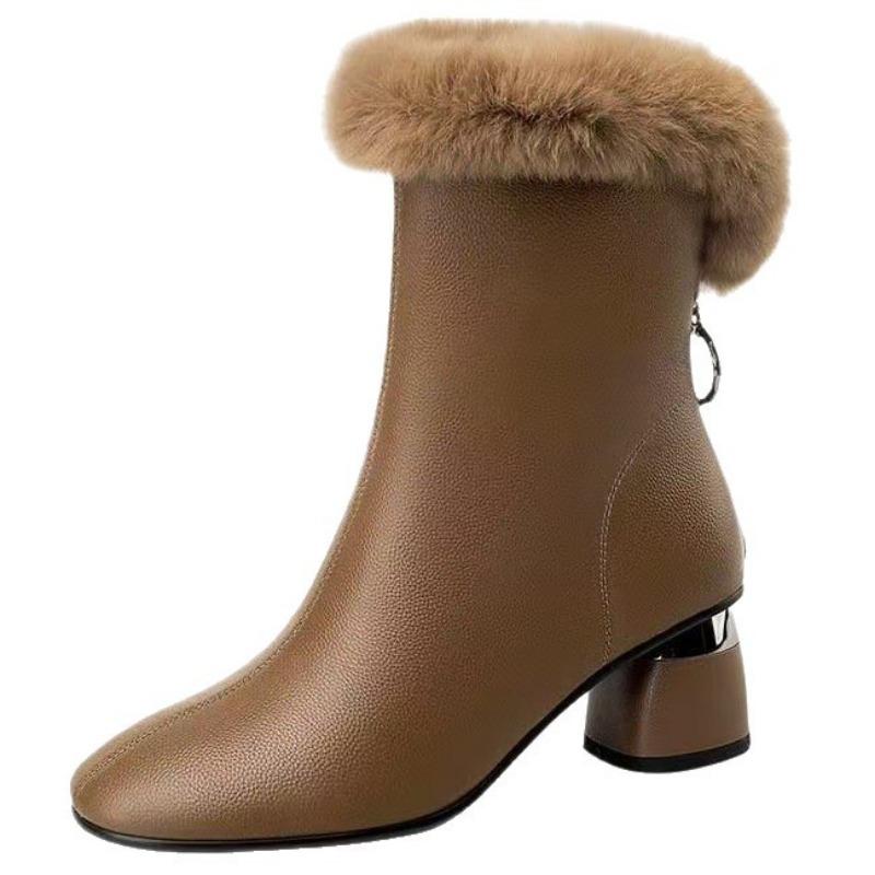 Autumn and Winter New Retro Thick Heel Martin Boots Women's Hairy Mouth Warm Fashion Boots Medium Plush Boots Women