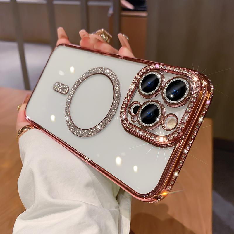 Applicable To IPhone 16 Magnetic Suction Mobile Phone Case Transparent Electroplating Edge Diamond Flash Powder Apple 14/15 Promax Silicone
