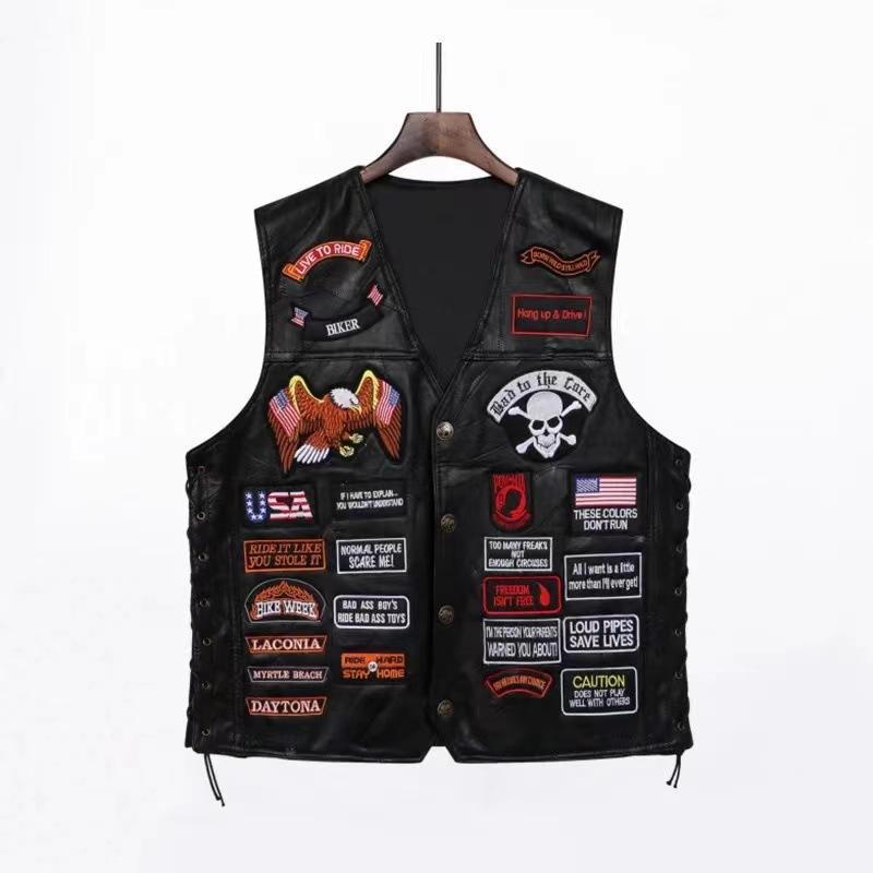 Chaleco de montar para locomotora de tendencia europea y americana, chaleco de cuero, chaleco de cuero para hombre, insignia bordada, versión de malla de varios chalecos