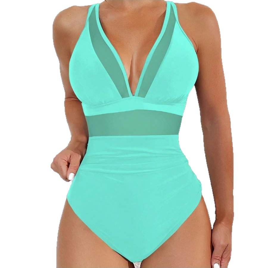 Europäischer und amerikanischer einteiliger Badeanzug Damen sexy Netz einfarbig einteiliger Bikini Badeanzug