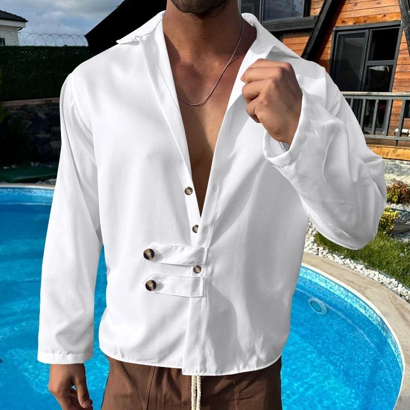 Mens Solid Color Casual Lapel Long Sleeve Shirt