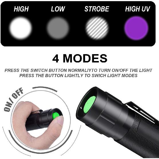 

Black Light ,Flashlight, LED UV Torch 2 in 1 Blacklight with 500LM Highlight, 4 Mode, Waterproof for Pet Clothing Food Fungus Detection/Night