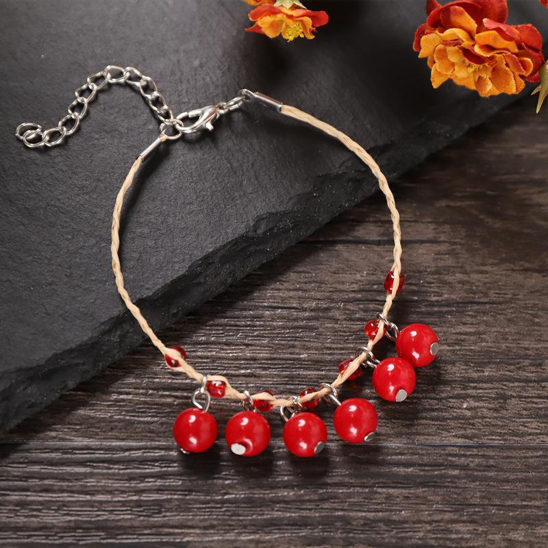 

Retro literary and artistic wishing raffia bracelet natural gravel woven bell hand rope scenic jewelry