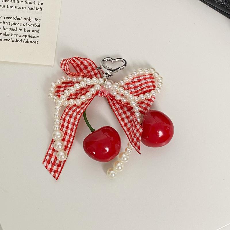 Kersen Ruit Strik Sleutelhanger Parel Kant Bedel Hanger Sleutelhanger Sieraden Voor Meisje Vrouwen Cadeautas Decoratie