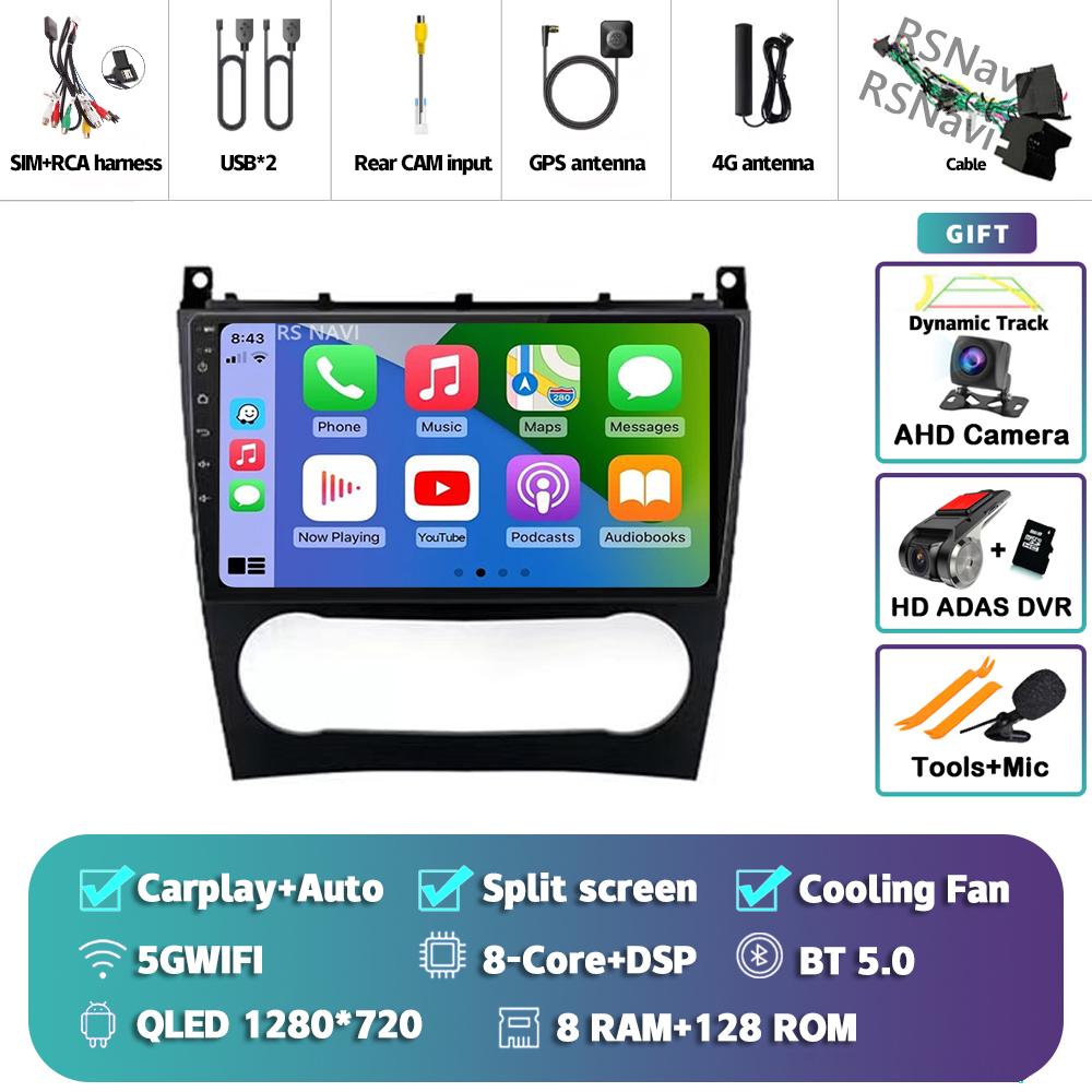 Android 14 Carplay Auto For Benz W203 Car Radio Player Multimedia Stereo Navigation 4G+WIFI AI Voice Head Unit DVD 360 Camera BT