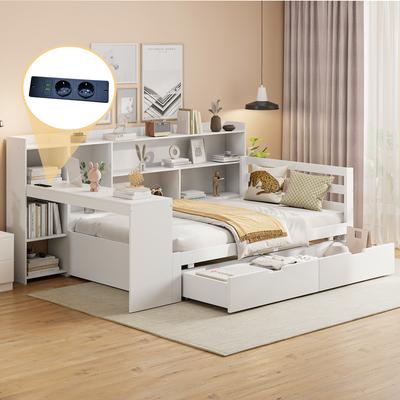Sofa Bed Made of Solid Wood, 90*200 Cm, With Desk, Bookshelf, Storage Compartments and Shelves, With Power Outlet, Multifunctional Wood Bed, White