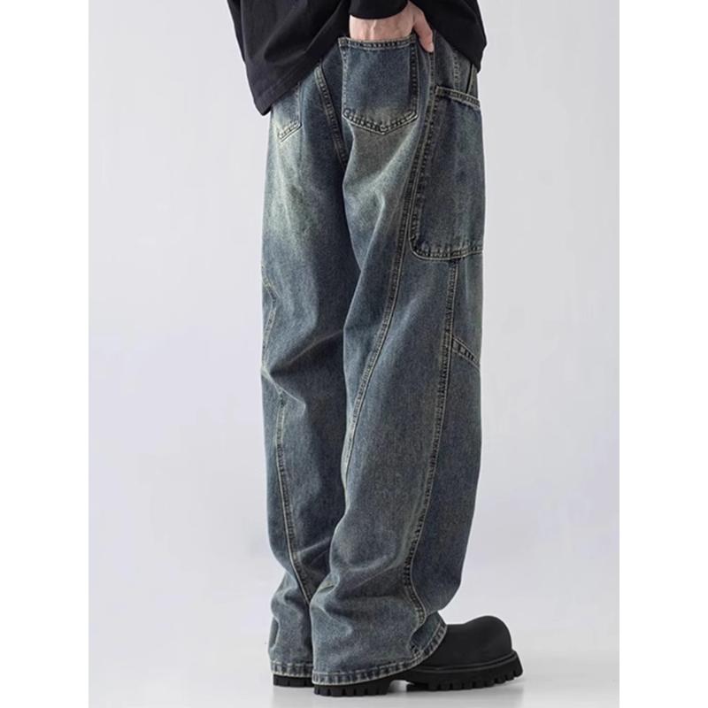 Spring Men's Vintage Multi-Pocket Cargo Jeans Vintage Distressed Baggy Denim Pants High Street Straight Wide Leg Jean