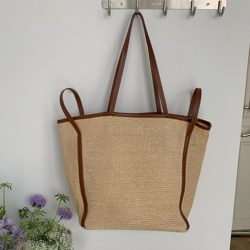 

Мягкая соломенная сумка Бохо Пляжная сумка через плечо Повседневная плетеная сумка-тоут Путешествия коричневый