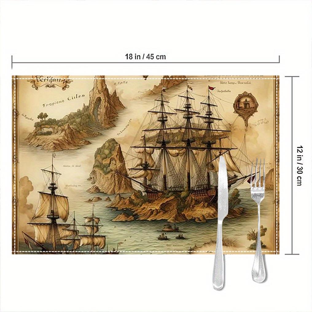 Di 4 Tovagliette con Tema Nave Pirata - Design Nautico Monofacciale, Realizzate in Poliestere Resistente, Lavare a Mano, Tappetini Decorativi Rettangolari per