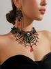 Vintage Black Lace Rose Necklace Bracelet Ring Set Women's Dinner Party, Dark Wind Neck Chain Bracelet