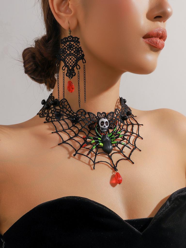 Vintage Black Lace Rose Necklace Bracelet Ring Set Women's Dinner Party, Dark Wind Neck Chain Bracelet