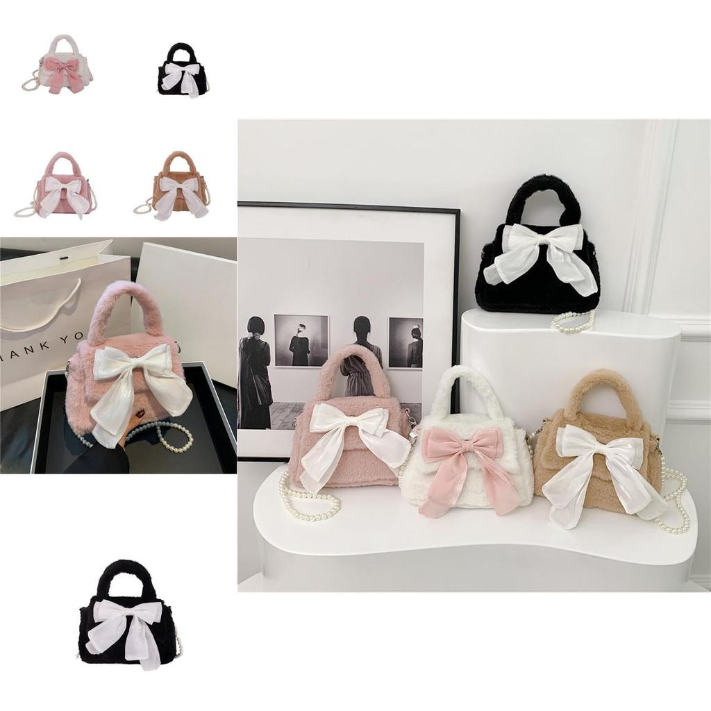 Charming Fluffy Crossbody Purse For Girls Sweet Plush Bag With Bow Street Style
