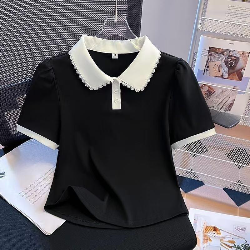 Summer Short Sleeve T Shirt For Women With Doll Collar And Spliced Fabric For Casual Wear