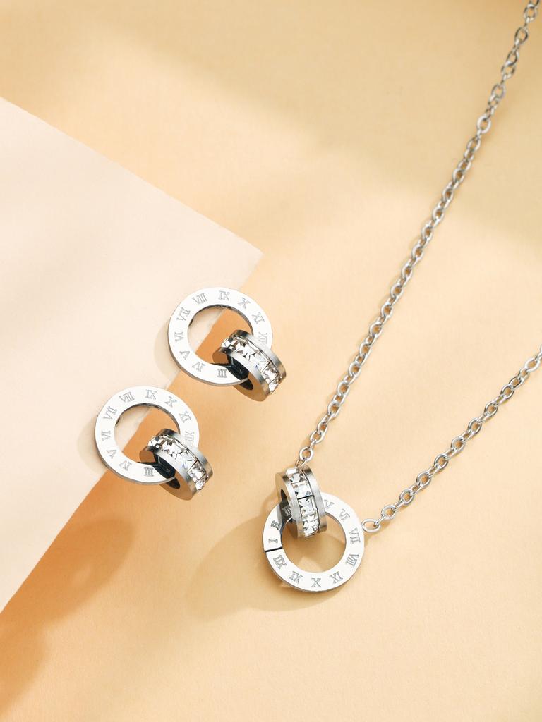 3pcs  Double Ring Creative Earrings Advanced Roman Digital Zircon Necklace Romantic Women’s Stainless Steel Jewelry Set