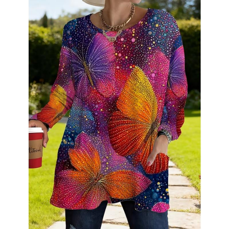 Women's long-sleeved round-neck T-shirt, suitable for spring, autumn and winter seasons. It has pockets and print designs. machine washable.
