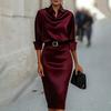 Women's Satin Midi Shirt Dress Long Sleeve Lapel V Neck Bodycon Office Work Dress Sheath Business Dress with Belt