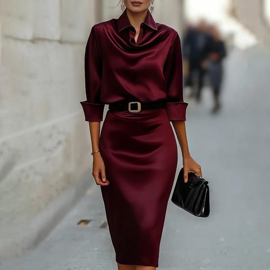 Women's Satin Midi Shirt Dress Long Sleeve Lapel V Neck Bodycon Office Work Dress Sheath Business Dress with Belt