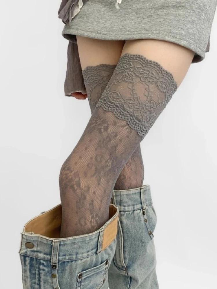 Women'S Sexy Lace Trim Nylon Fishnet Stockings Retro Floral Sweet Mesh Breathable Thigh High Long Socks Jk Over The Knee Socks High Quality