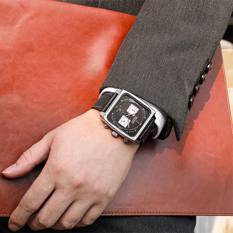 MEGIR Men's Leather Square Chronograph Quartz Watch