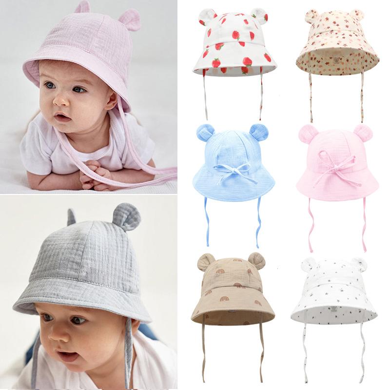 Baby Summer Hat 100% Cotton Adjustable Kids Bucket Hat Muslin Cartoon Children Panama Cap Infant Bonnet Toddler Hat 1-3Y
