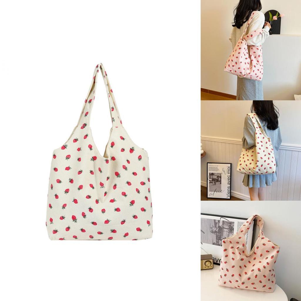 Trendy 2024 Canvas Strawberry Tote Bag Fashionable Soft Shoulder Bag For Women