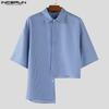 INCERUN Men Lapel Neck Short Sleeve Striped Casual Loose Irregular Cropped Shirts