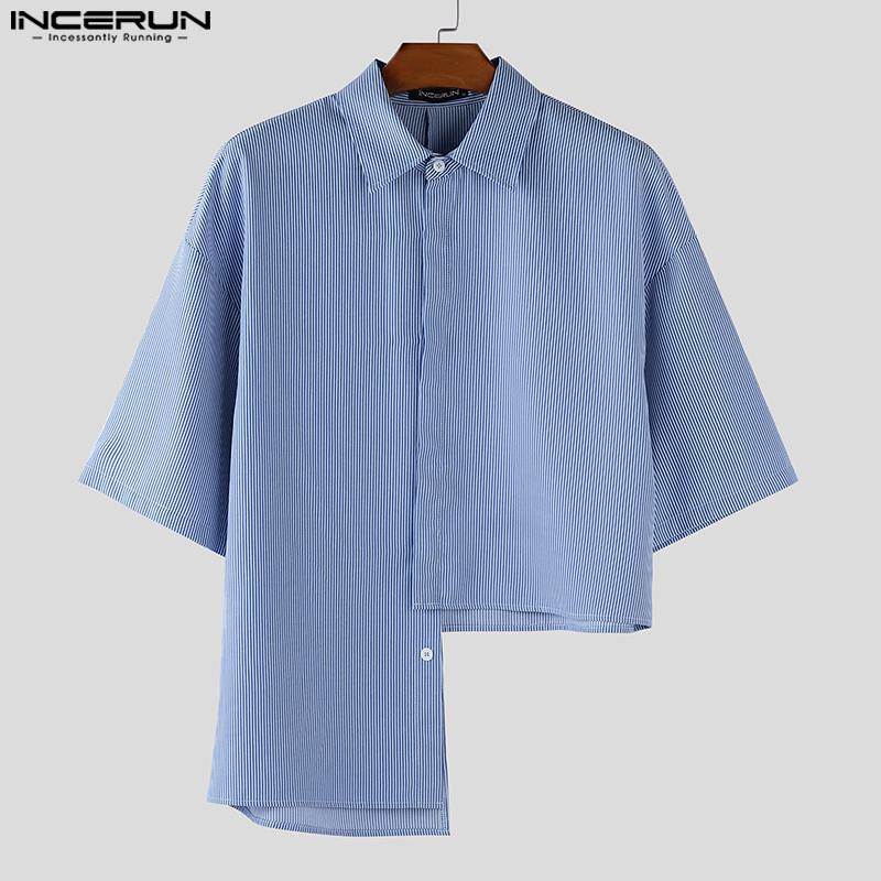 INCERUN Men Lapel Neck Short Sleeve Striped Casual Loose Irregular Cropped Shirts