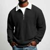 Men's Solid Big Waffle Knit Long Sleeve Polo Shirt, Lapel Zip Casual Sports Top for Autumn