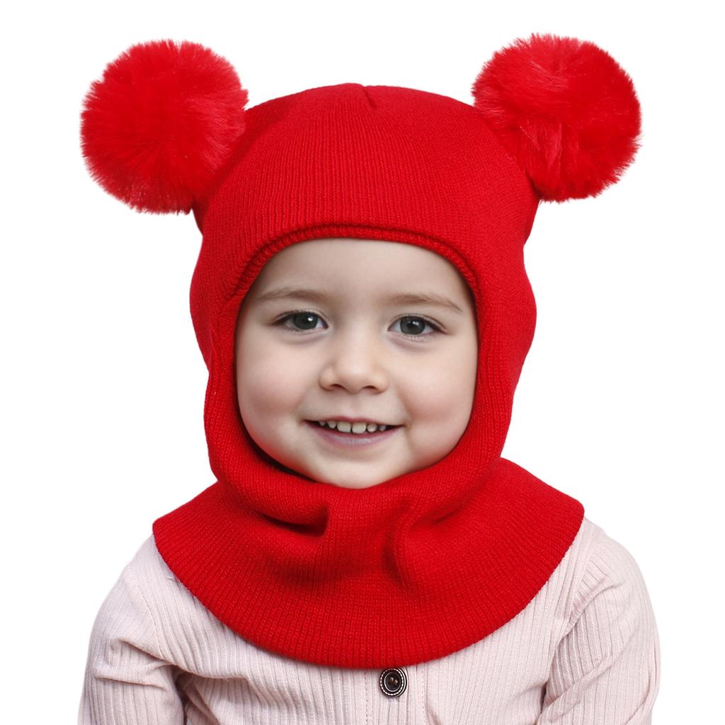 Autumn and winter children's pullover hat double ball ear protector balaclava hat boys and girls baby knitted hat wool integrated hat