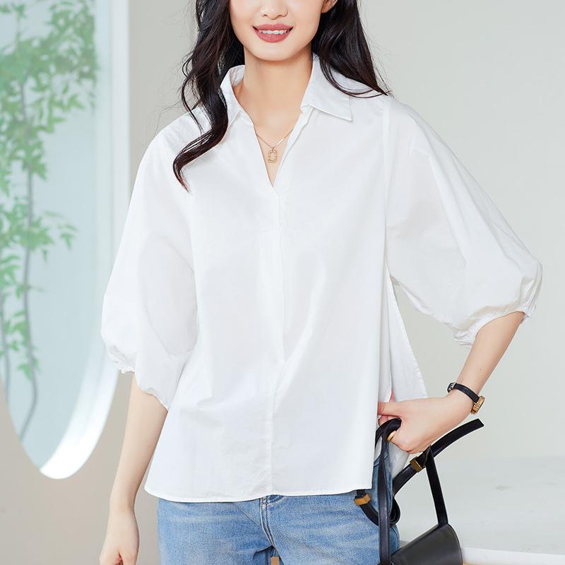 Lapel Side Seam Slit Three-quarter Sleeve Shirt for Women's Spring and Summer New Style Casual and Versatile Top