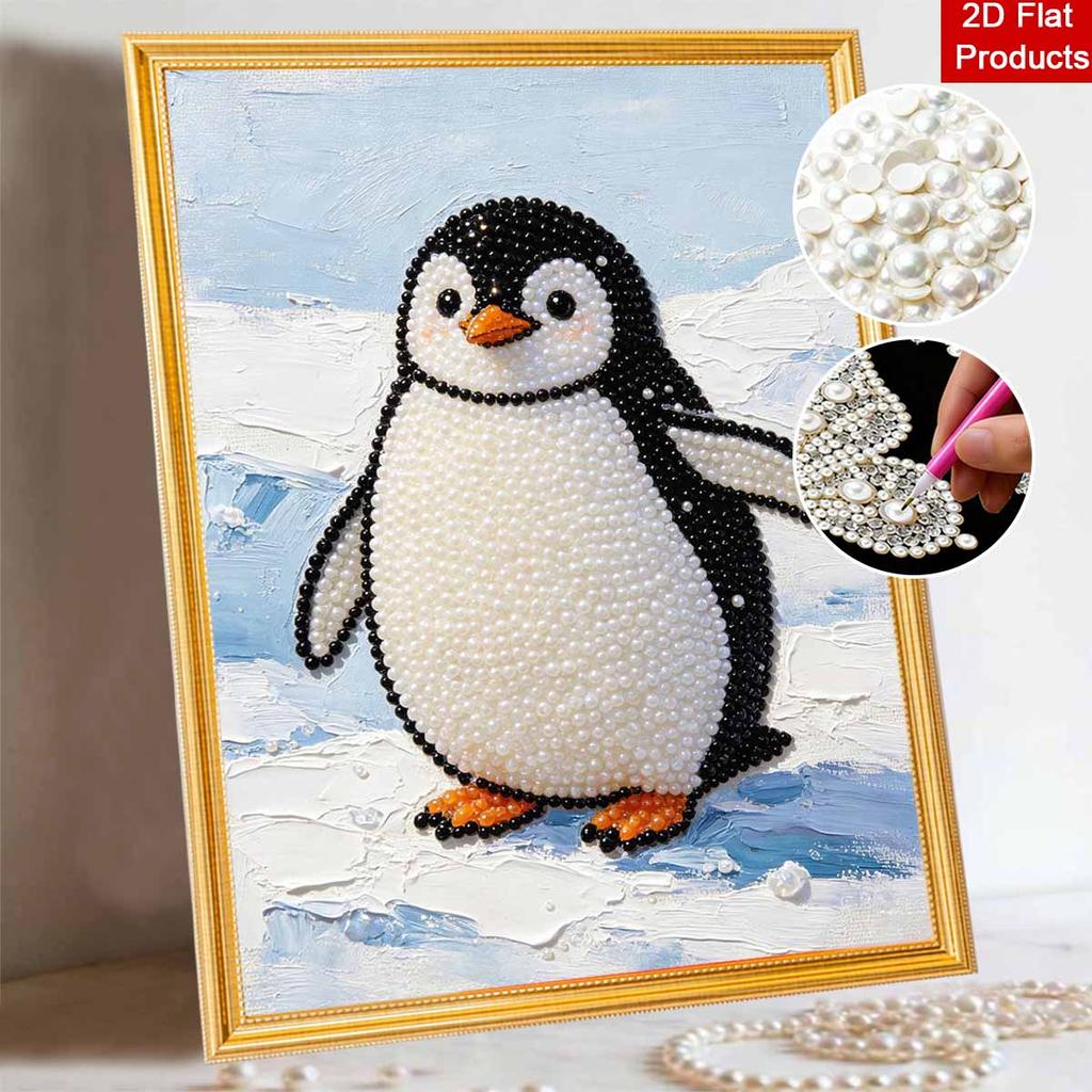 DIY Framed Pearl Painting Kit Penguin Pattern 3D Sparkling Bead Art Canvas Elegant Home Wall Decor Gift for Women and Craft Lovers