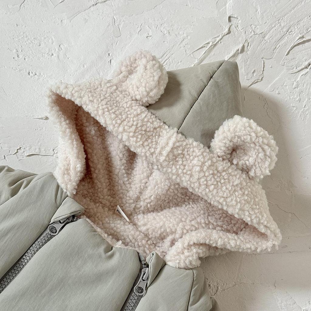 Baby Unisex Velvet Warm Hooded Bodysuit - Long Sleeve, Ears, Autumn/Winter One-Piece