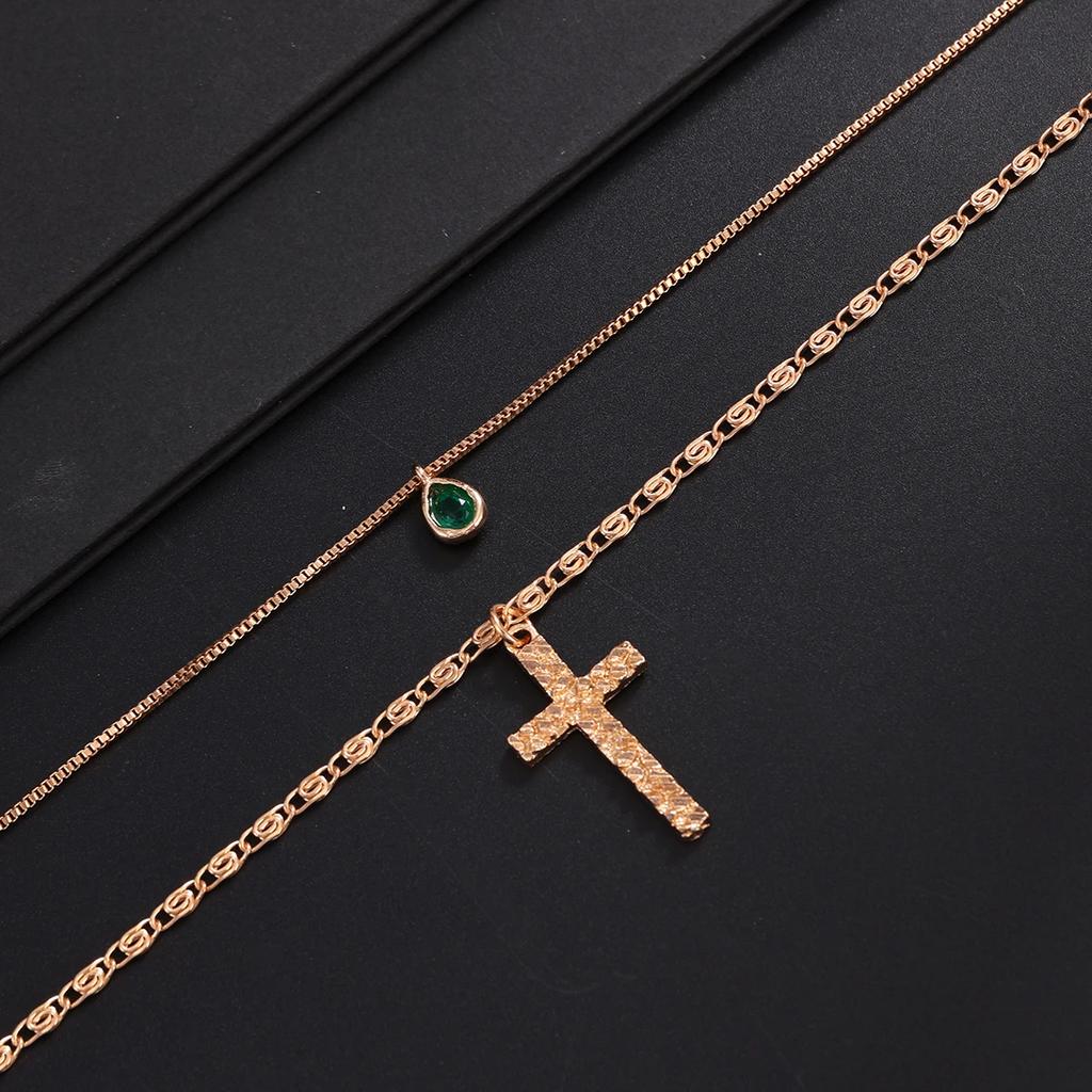 New 1 Pcs/set Retro Acrylic Rhinestone Metal Cross Pendant Choker Necklace Men Trendy Adjustable Gold Color Chain Jewelry