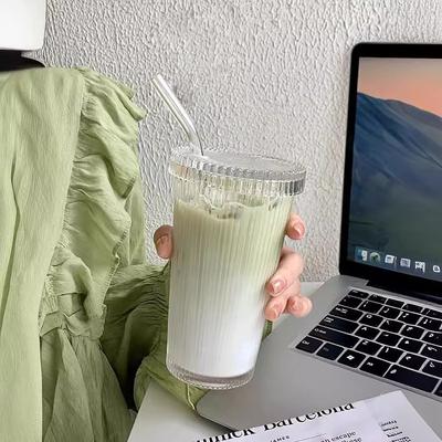 Vertical Stripe Glass Coffee Tumbler with Lid and Straw - Ins Style Portable Cup for Iced Latte, Milk Tea & Cold Beverages