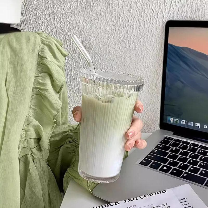 Vertical Stripe Glass Coffee Tumbler with Lid and Straw - Ins Style Portable Cup for Iced Latte, Milk Tea & Cold Beverages