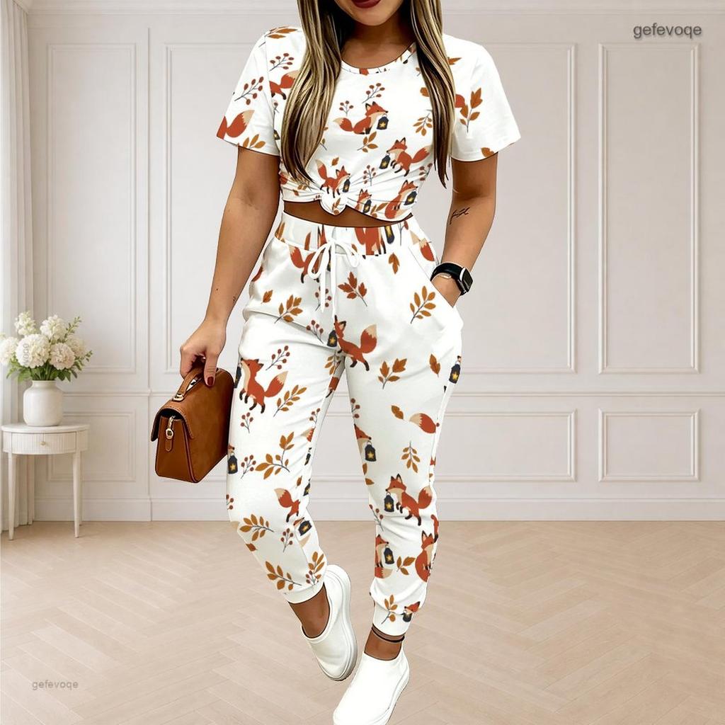 Women Plus Size White Printed Round Neck Short Sleeve Crop Top Drawstring Cuffed Pants Two Piece Set