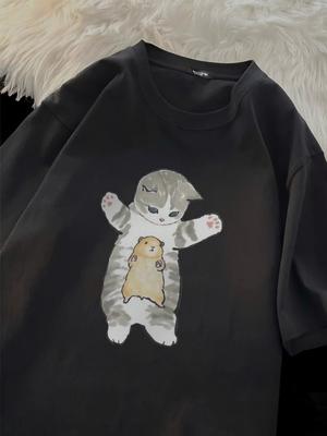 100 Cotton Women TShirts Funny Cartoons Cat Prints Tops ONeck Soft Oversized Short Sleeve Tees Summer Casual Woman Clothes