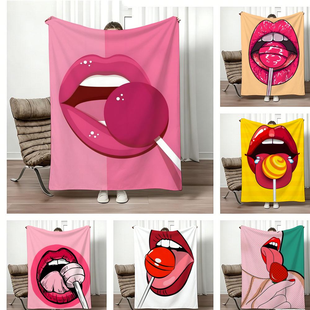 Colorful Pop Art Lips with Strawberry Throw Lightweight 240g Flannel Blanket Soft Skin-friendly for Summer Cooling
