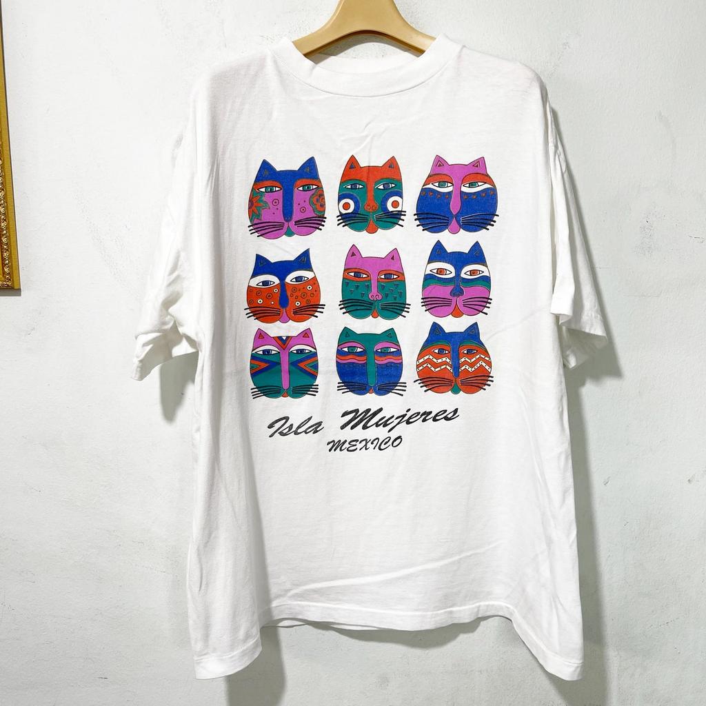 Vintage 00s Colorful Cat Faces Folk Art Graphic T-Shirt Size L Boxy