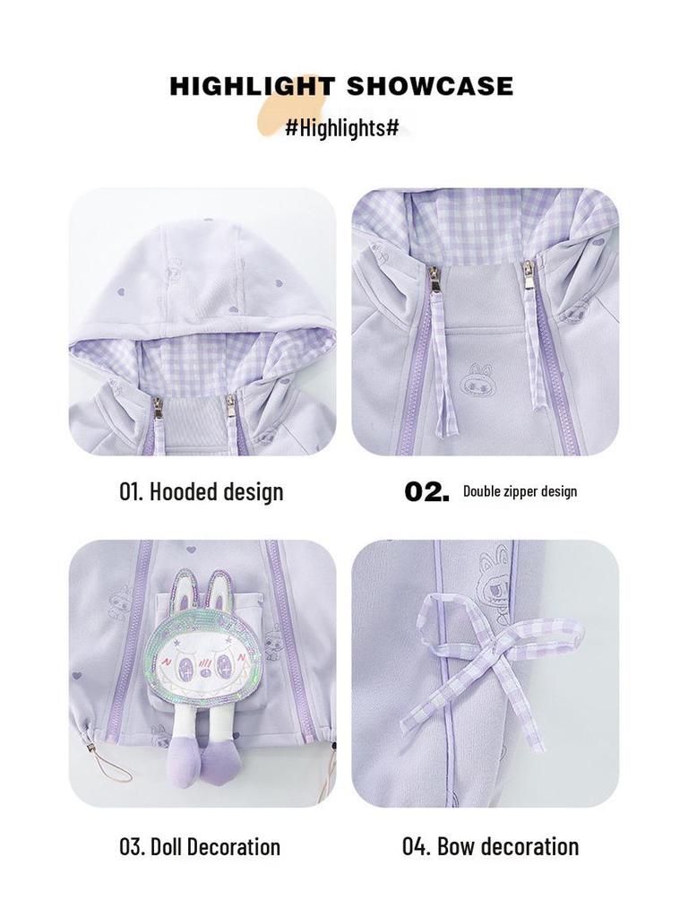 2025 Girls' Autumn Heart Bow Pullover & Zipper Jacket Pants Set