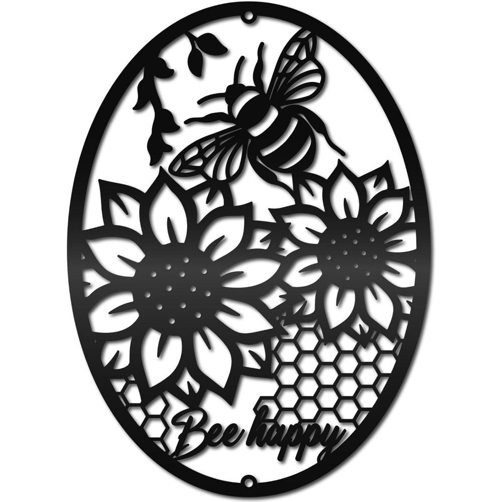 Black Metal Sunflower Wall Art Bee Decor Hollow Elliptic Hanging Sign Modern Farmhouse Home Living Room Bedroom Kitchen 8.6x11.8in