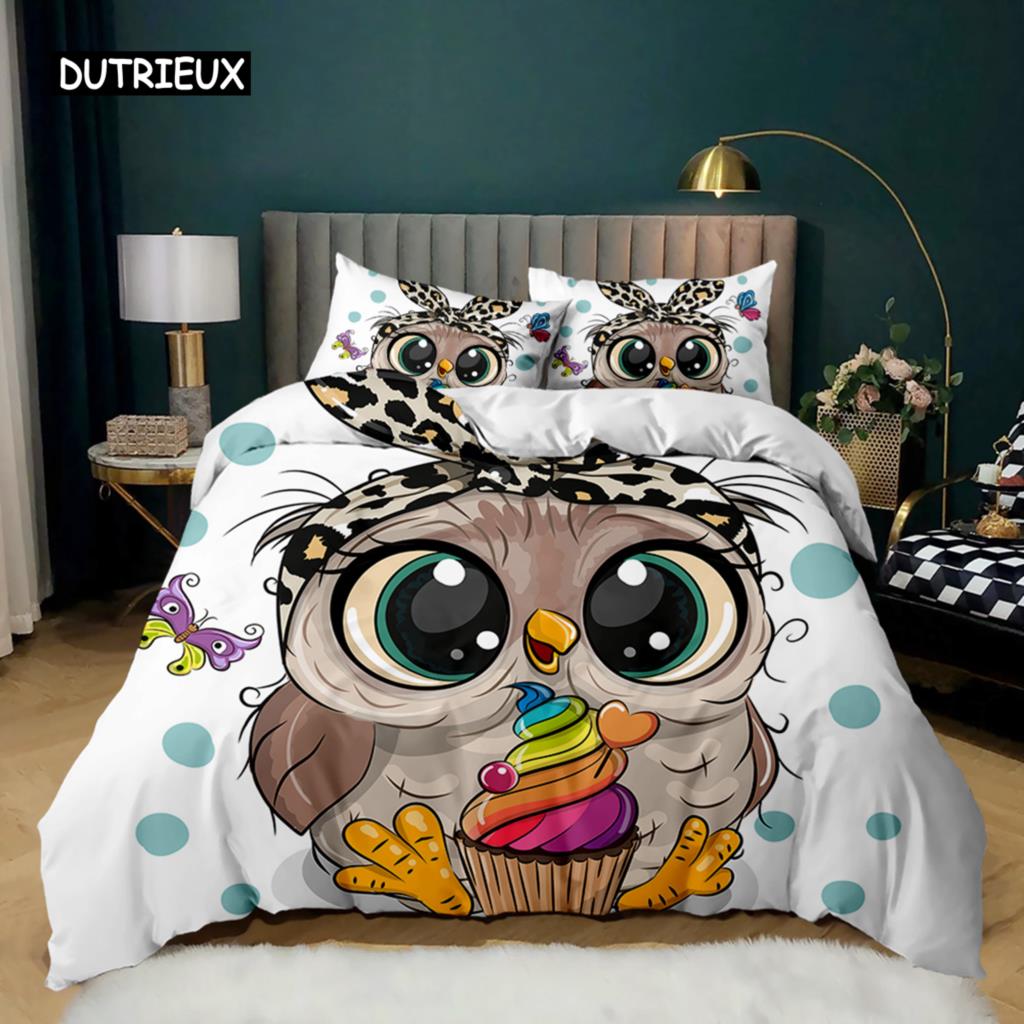 Eulen-Bettbezug-Set, süße Eule und Sterne Dekor, Bettbezug, Weltraum-Bettbezug-Set, Kinder, süßer Tier-Polyester-Quilt-Bezug