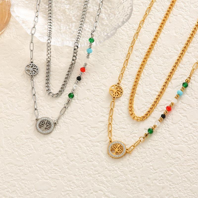 Irregular Retro Colored Beaded Tree of Life Pendant Accessories Titanium Steel Double Layer Necklace