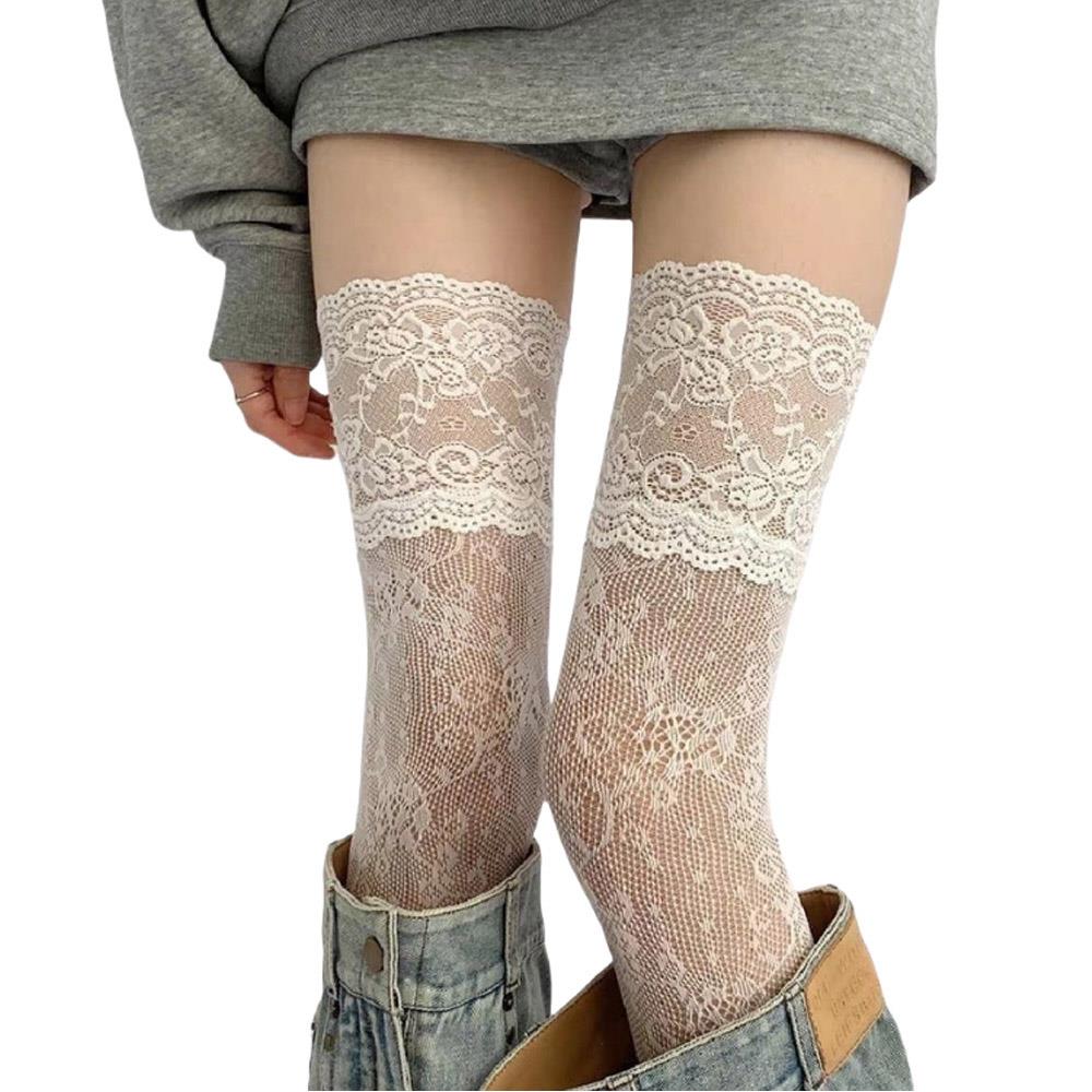 Y2K Women's Sexy Lace Floral Fishnet Stockings Costumes JK Lolita Thigh High Socks Lace Trim Mesh Breathable Over Knee Stockings