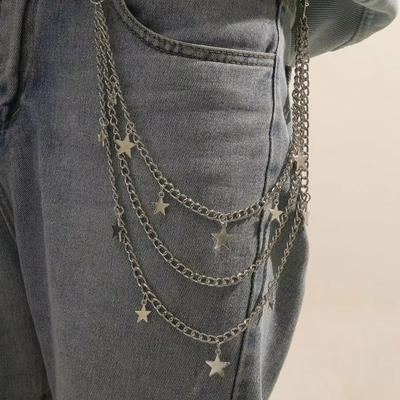 Men Y2k Star Charm Layered Street Style Pant Jeans Chain Belt