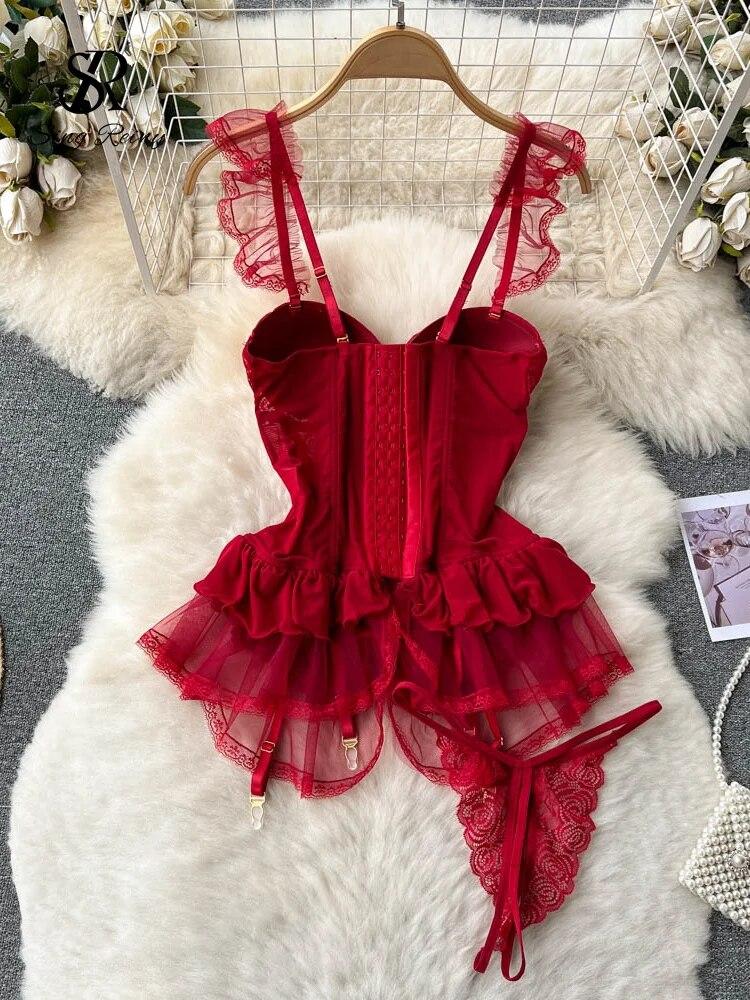 Summer Lace Sexy Underwear Suits Women Ruffles Sheer Camis Mesh Sensual Dress Suits Female Solid Erotic Open Crotch Slim Pajamas 2024