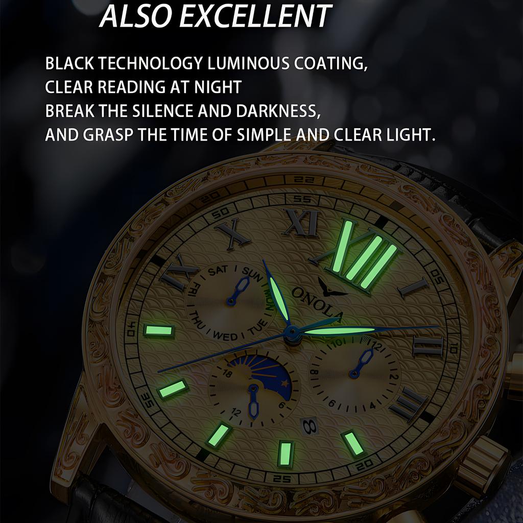 Reloj Mecánico Automático Multifuncional para Hombre con Esfera de Tres Ojos Reloj Calendario Ventana de Vista Mensual de 24 Horas Reloj de Negocios para Hombre