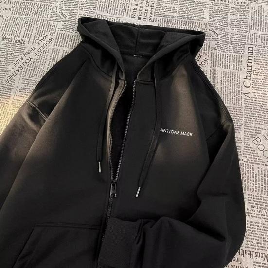 Męska Bluza z Kapturem Jesień Zima Sznurek Luźny z Kapturem Zapinana na Zamek Kardigan Okrycie Wierzchnie z