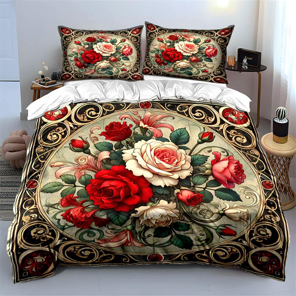 Vintage Floral Rose Bouquet Bedding Duvet Cover Set Duvet Cover Pillowcases (1*Duvet Cover 2*Pillowcases, Without Duvet Insert)